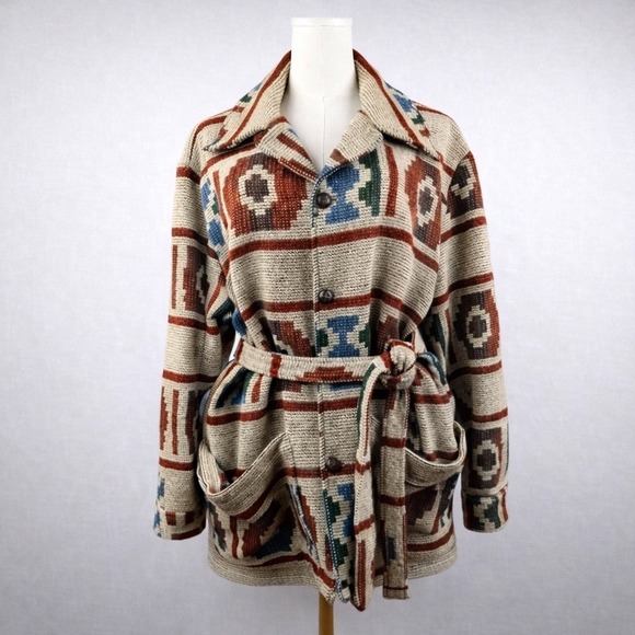 Vintage 1980s Woolrich Womens Woven Wool Southwest Belted Blanket Coat Jacket XL